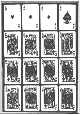 На рисунке вы видите шестнадцать карт, разложенных в четыре ряда по четыре карты в каждом ряду