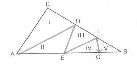 Разделить заданный треугольник с помощью зигзагообразной ломаной на 5 равновеликих частей.