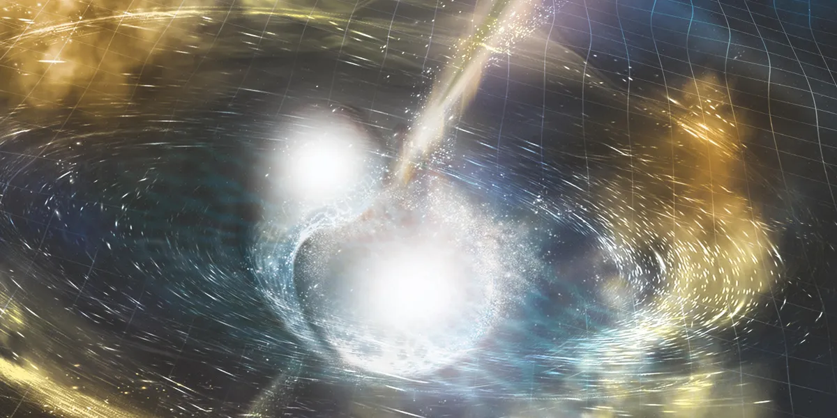 Художественное изображение столкновения двух нейтронных звезд, порождающего гравитационные волны и огромный, яркий джет.